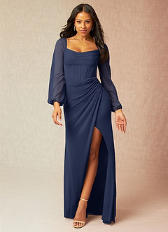 Charissa Navy Long Sleeves Maxi Dress | Azazie