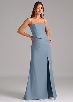 Azazie Jenine Vestidos de damas de honor Vestido de Azul Polvoriento de Gasa de Corte Sirena con Sin tirantes image6