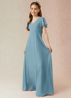 Azazie Induh Junior Moody Blue A-Line Ruched Chiffon Dress image3