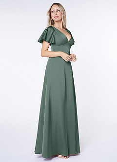 Azazie Lani Vestidos de damas de honor Vestido de Musgo Marino de Satén Elástico de Corte en A con Manga volante image4