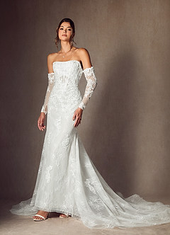 Azazie Caitlin Wedding Dresses Diamond White Mermaid Strapless Lace Dress image6