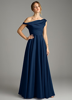 Azazie Xanthe Brautjungfernkleider Eine Linie Schulterfrei Stretch-Satin Kleid Dunkelmarine image1