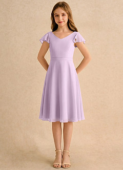 Azazie Narin Girls Formal Robe Demoiselle D'honneur Fillette Robe Trapèze en Mousseline de soie avec manches Frostiges Flieder image5