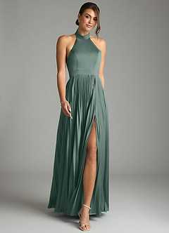 Azazie Zienna Final Sale Dusty Blue A-Line Pleated Stretch Satin Dress image4