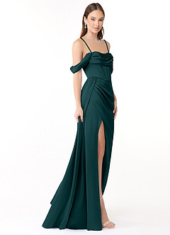 Azazie Amyra Bridesmaid Dresses Pine Sheath Off the Shoulder Stretch Satin Convertible Dress image8