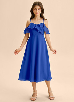 Azazie Kamilla Junior Abito A-Line in Chiffon a Spalla Scoperta Blu Reale image6