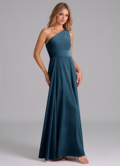 Azazie Dallas Bridesmaid Dresses Blue Topaz A-Line One Shoulder Velvet Dress image3