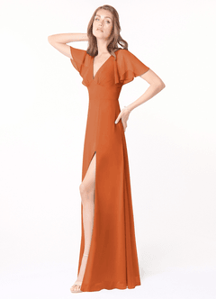 Azazie Kimber Bridesmaid Dresses Cinnamon A-Line Flounce Sleeve Chiffon Dress image3