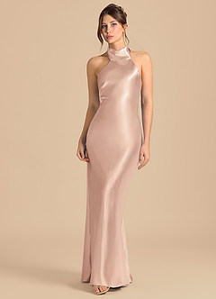 Azazie Velli Robes de demoiselle d'honneur Robe Fourreau en Satiné métallisé Col Haut Rose Perle image4