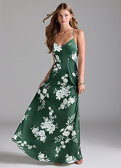 Azazie Mei Bridesmaid Dresses Green Botanicals A-Line V-Neck Stretch Satin Dress image3