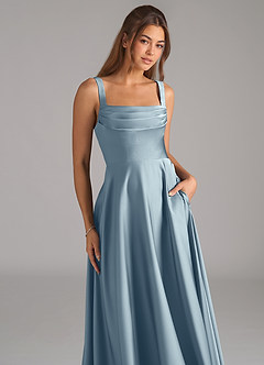 Azazie Shaude Bridesmaid Dresses Dusty Blue A-Line Pleated Stretch Satin Dress image2