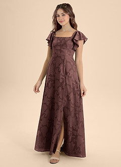 Azazie Bondi Junior Espresso A-Line Bow Floral Burnout Dress image1