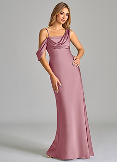 Azazie Celina Bridesmaid Dresses Vintage Mauve Sheath Off the Shoulder Stretch Satin Dress image1