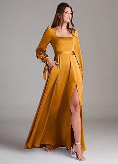 Azazie Leonia Bridesmaid Dresses Butterscotch A-Line Long Sleeve Stretch Satin Dress image4