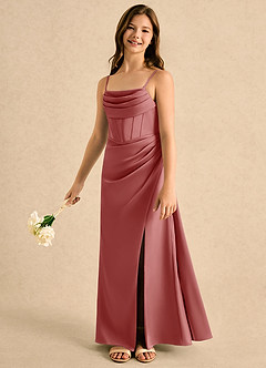 Azazie Lexy Girls Formal Robe Demoiselle D'honneur Fillette Robe Trapèze en Satin extensible Plissé Antique Rose image3