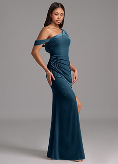 Azazie Madelyn Abiti da Damigella Abito Tubino in Velluto Monospalla Topazio Blu image3