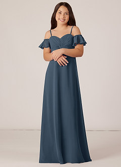 Azazie Juna Junior Robe Trapèze en Mousseline de soie Épaule décolletée Neptune image4