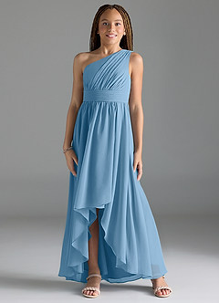 Azazie Mathilda Junior Steel Blue A-Line Pleated Chiffon Dress image1