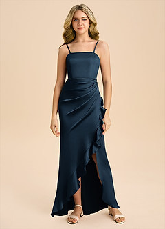 Azazie Buzzy Junior Dark Navy Sheath Pleated Stretch Satin Dress image3