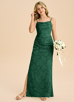 Azazie Mai Junior Dark Green Sheath Pleated Floral Burnout Dress image3