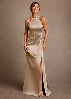 Azazie Lawrence Mother of the Bride Dresses Taupe A-Line Pleated Stretch Satin Dress image1