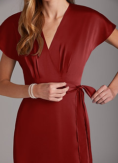 Azazie Nico Bridesmaid Dresses Pomegranate A-Line V-Neck Stretch Satin Dress image7