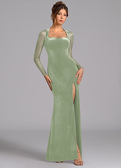Azazie Megan Bridesmaid Dresses Dusty Sage Mermaid Long Sleeve Mesh Dress image1