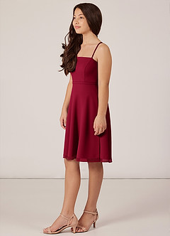 Azazie Kalie Junior Burgundy A-Line with Belt Chiffon Dress image3