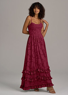 Azazie Lettie Bridesmaid Dresses Burgundy A-Line Corset Floral Burnout Dress image3