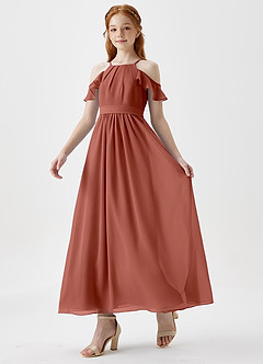 Azazie Chaya Junior Jurk van Chiffon met A-Lijn Off the Shoulder Kastanjebruin image5
