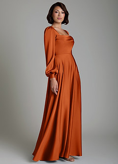 Azazie Solana Vestidos de damas de honor Vestido Naranja Quemada de Satén Elástico de Línea A con Manga larga image5