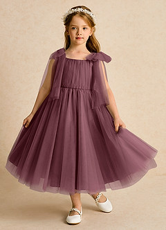 Azazie Dori Robe Demoiselle D'honneur Fillette Robe Trapèze en Tulle Rayé Sangria image2