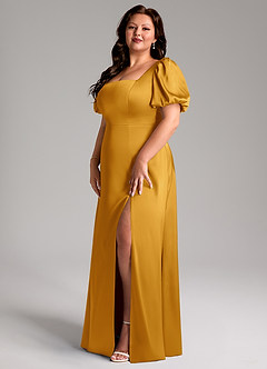 Azazie Fyona Robes de demoiselle d'honneur Robe Trapèze en Satin extensible Plissée Caramel écossais image10