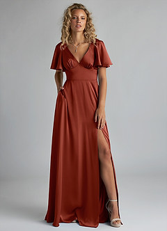 Azazie Kimber Robes de demoiselle d'honneur Robe Trapèze en Satin extensible Rayé Terracotta image1