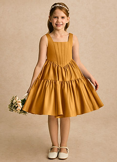 Azazie Myla Blumenmädchenkleider A-Linie Plissee Matte Satin Kleid Butterscotch image1