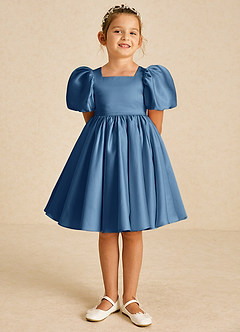 Azazie Muffin Jurken voor bloemenmeisjes A-Lijn Jurk van Mat Satijn met Mouwen Schemering image2