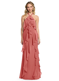 Azazie Velma Vestidos de damas de honor Vestido Rosa Antigua de Gasa de Línea A con Abertura lateral image1