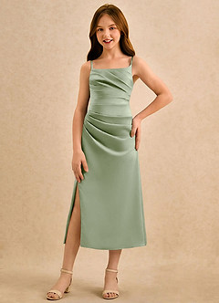 Azazie Canna Girls Formal Sukienki dla dziewczynek sypiących kwiaty Linia A Pofałdowany Satyna elastyczna Długość herbaty Sukienka image4