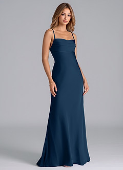 Azazie Seema Vestidos de damas de honor Vestido de Azul Marino Oscuro de Satén Elástico de Corte Sirena con Corsé image1