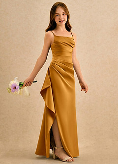 Azazie Cannoli Girls Formal Abiti da Ragazza di Fiori Abito A-Line in Raso Opaco Plissettato Caramello image1