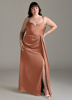 Azazie Brielle Bridesmaid Dresses Bronzer A-Line Cowl Spaghetti Straps Stretch Satin Dress image6