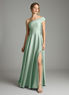 Azazie Melanie 신부 들러리 드레스 A라인 오프 더 숄더 스트레치 새틴 바닥 길이 드레스 image3