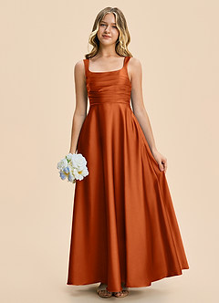 Azazie Azaria Junior Burnt Orange A-Line Pleated Stretch Satin Dress image1