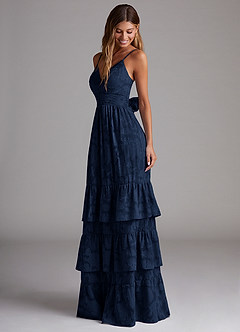 Azazie Nathalia Bridesmaid Dresses Dark Navy A-Line Bow Floral Burnout Dress image3