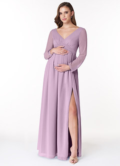 Azazie Teton Robes de demoiselle d'honneur de maternité Robe Trapèze Manche longue Longueur ras du sol Mousseline de soie image1