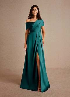 Azazie Milton Mother of the Bride Dresses Peacock A-Line Pleated Stretch Satin Dress image7