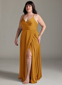 Azazie Davis Bridesmaid Dresses Butterscotch A-Line Pleated Stretch Satin Dress image10