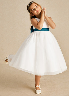 Azazie Kavi Flower Girl Dresses Ivory Ink Blue A-Line Bow Matte Satin Dress image5