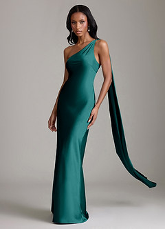 Azazie Galinda Brudtärnklänningar Klä av Sjöjungfru i Stretch Satin Ena axeln Påfågelblå image1