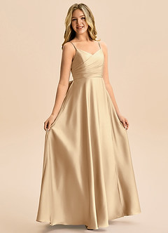 Azazie Rumi Junior Abito A-Line in Raso Elasticizzato Plissettato Champagne image5